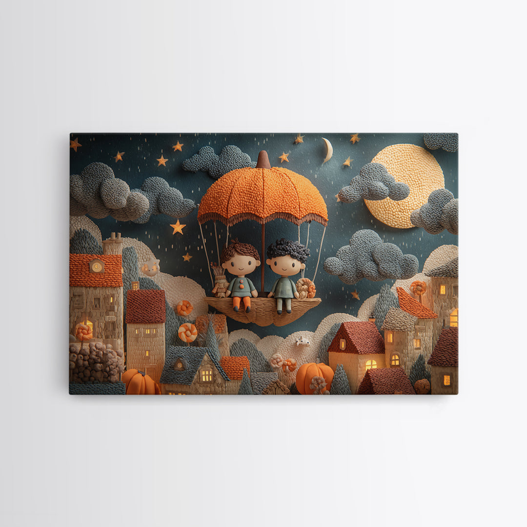 The Enchanted Umbrella Adventure, Clay Halloween Art, Landscape Wall Art, Framed Canvas Print, Cute Halloween Wall Art