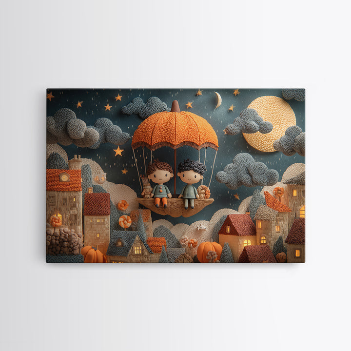 The Enchanted Umbrella Adventure, Clay Halloween Art, Landscape Wall Art, Framed Canvas Print, Cute Halloween Wall Art