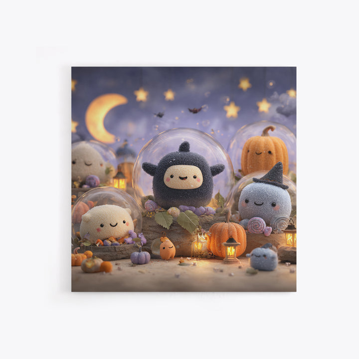 The Halloween Bubble Village, Plush Halloween Art, Square Wall Art, Canvas Print, Cute Halloween Wall Art
