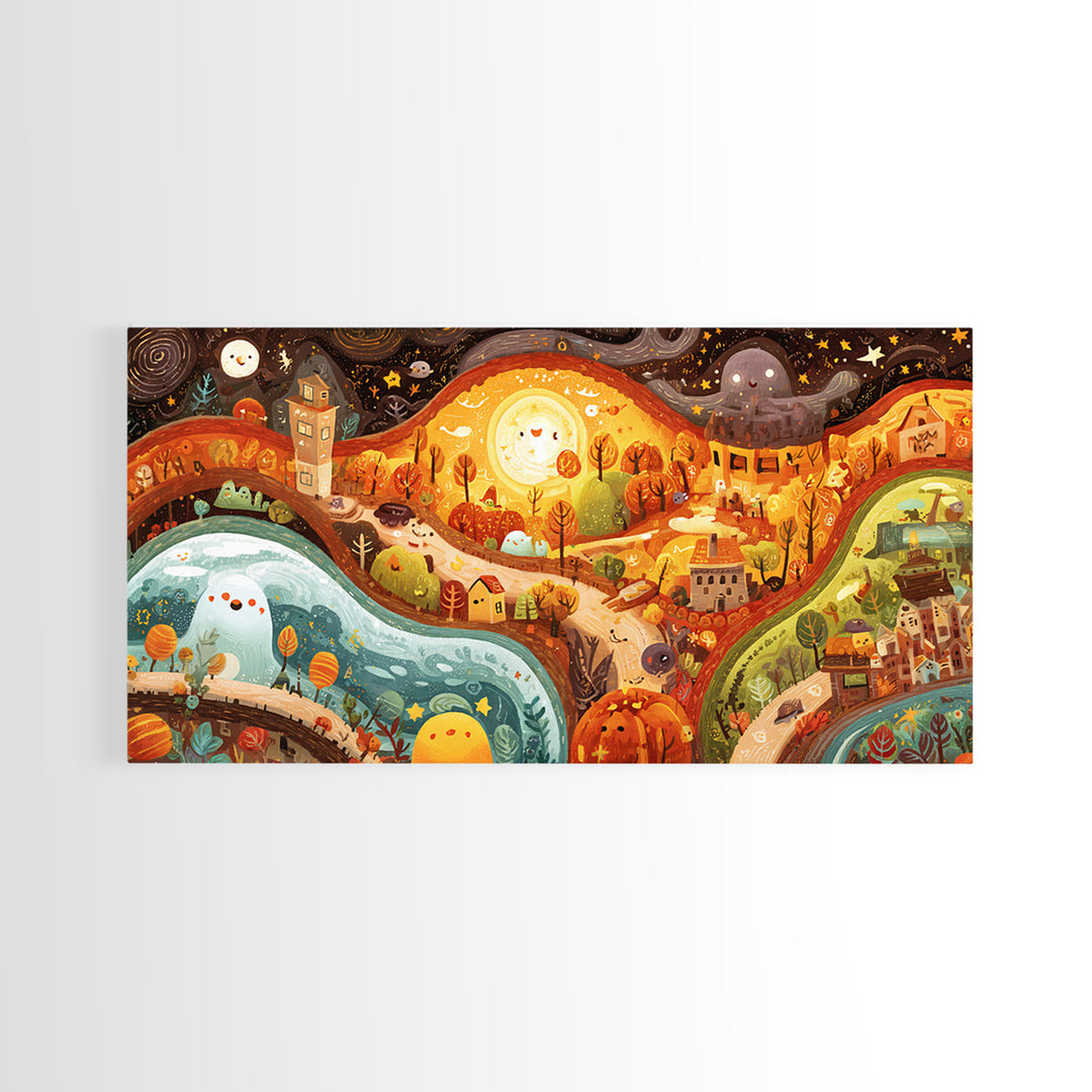 The World Inside A Lantern, Kawaii Halloween Art, Wide Panoramic Art, Framed Canvas Print, Cute Halloween Wall Art