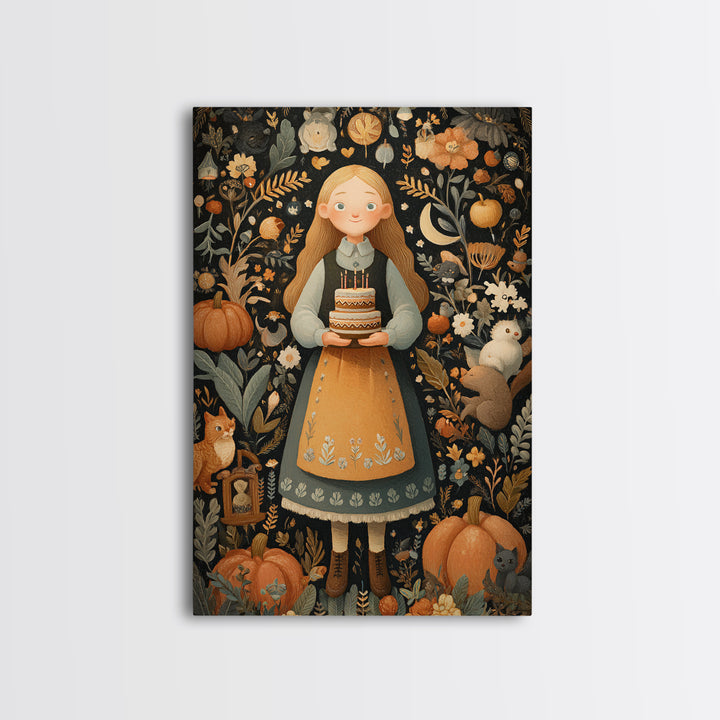 October'S Birthday Party, Folk Halloween Art, Vertical Wall Art, Canvas Print, Cute Halloween Wall Art