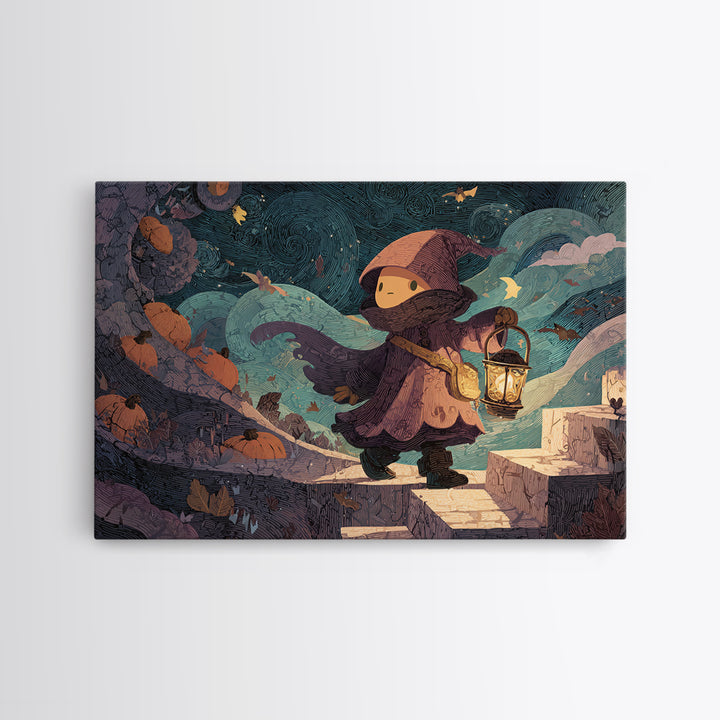 The Lantern-Bearer Of R’Lyeh, Linocut Halloween Art, Landscape Wall Art, Framed Canvas Print, Cute Halloween Wall Art