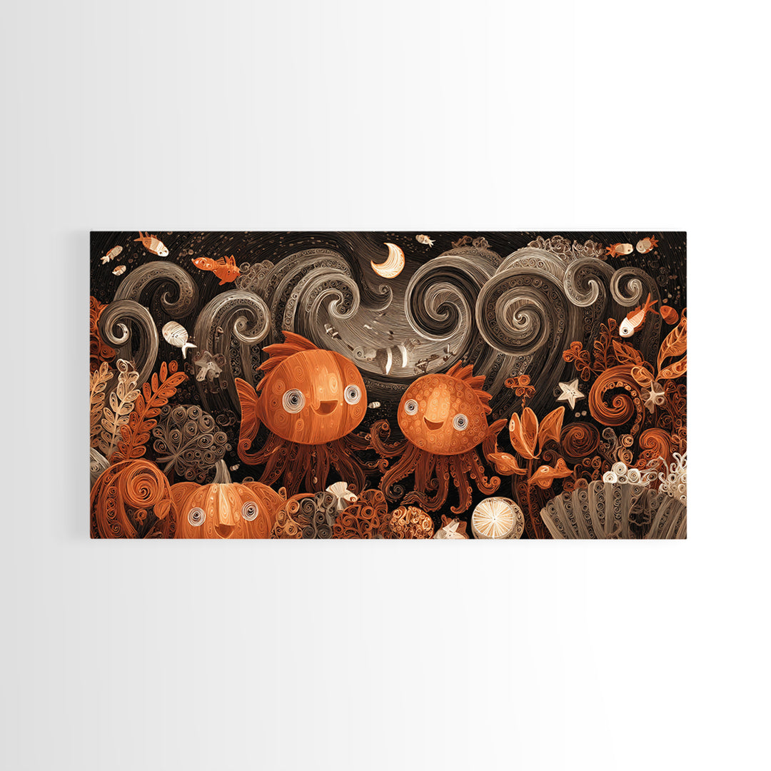 The Choir Of Deepwater Acolytes, Quilled Halloween Art, Wide Panoramic Art, Framed Canvas Print, Cute Halloween Wall Art