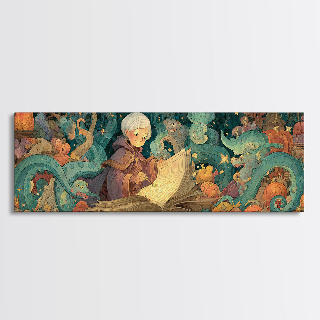 The Librarian Of Forbidden Tides, Stained Glass Halloween, Extra Wide Wall Art, Canvas Print, Cute Halloween Wall Art