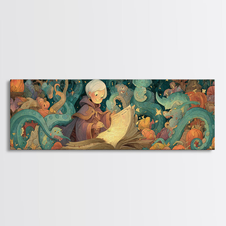 The Librarian Of Forbidden Tides, Stained Glass Halloween, Extra Wide Wall Art, Canvas Print, Cute Halloween Wall Art