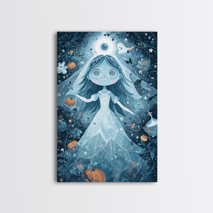 The Bride Of The Abyssal Moon, Pixel Halloween Art, Vertical Wall Art, Canvas Print, Cute Halloween Wall Art