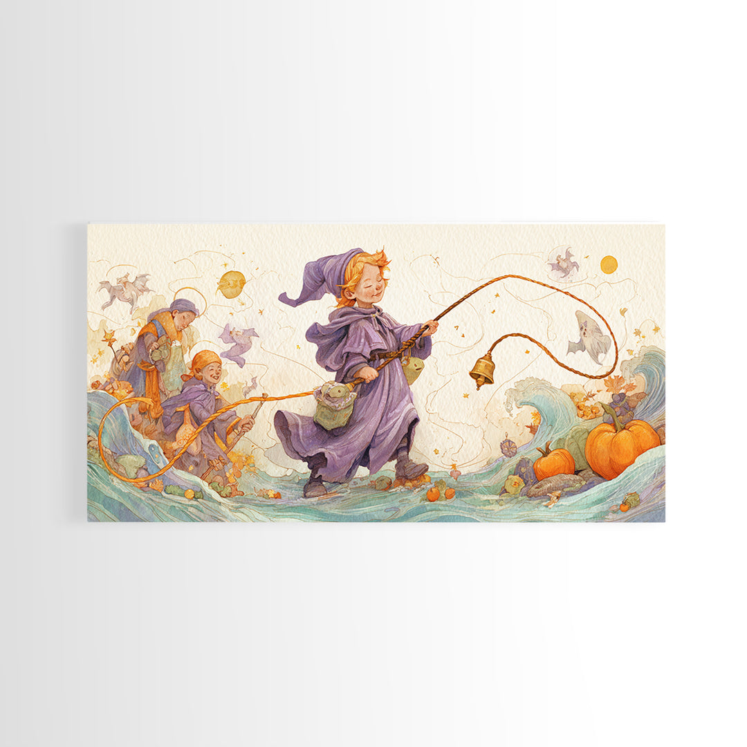 The Bellringer Of The Sunken Cathedral, Watercolor Halloween Art, Wide Panoramic Art, Framed Canvas Print, Cute Halloween Wall Art