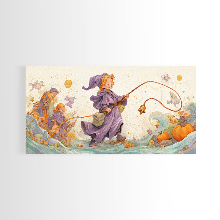The Bellringer Of The Sunken Cathedral, Watercolor Halloween Art, Wide Panoramic Art, Framed Canvas Print, Cute Halloween Wall Art