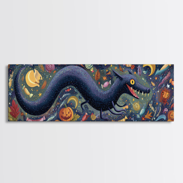 The Crawler Beneath The Floor Of Stars, Gouache Halloween Art, Extra Wide Wall Art, Canvas Print, Cute Halloween Wall Art