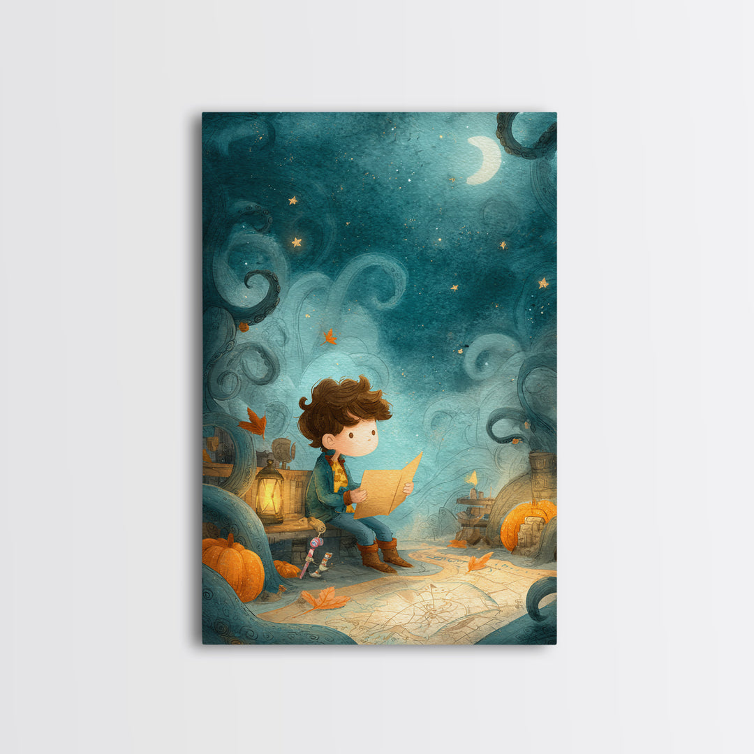 The Mapmaker Of Impossible Shores, Pastel Halloween Art, Vertical Wall Art, Canvas Print, Cute Halloween Wall Art