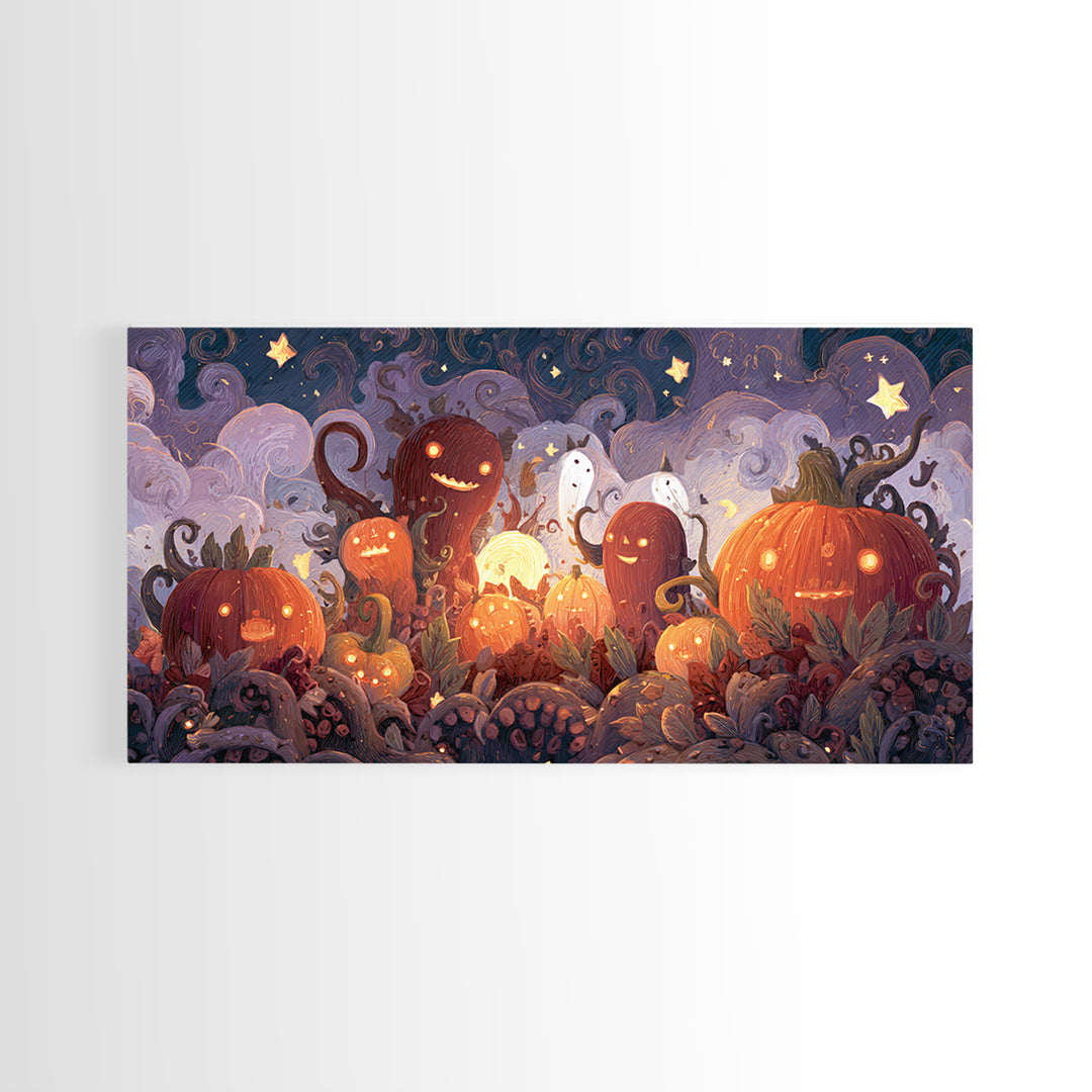 The Harvest Of The Eldritch Field, Clay Halloween Art, Wide Panoramic Art, Framed Canvas Print, Cute Halloween Wall Art