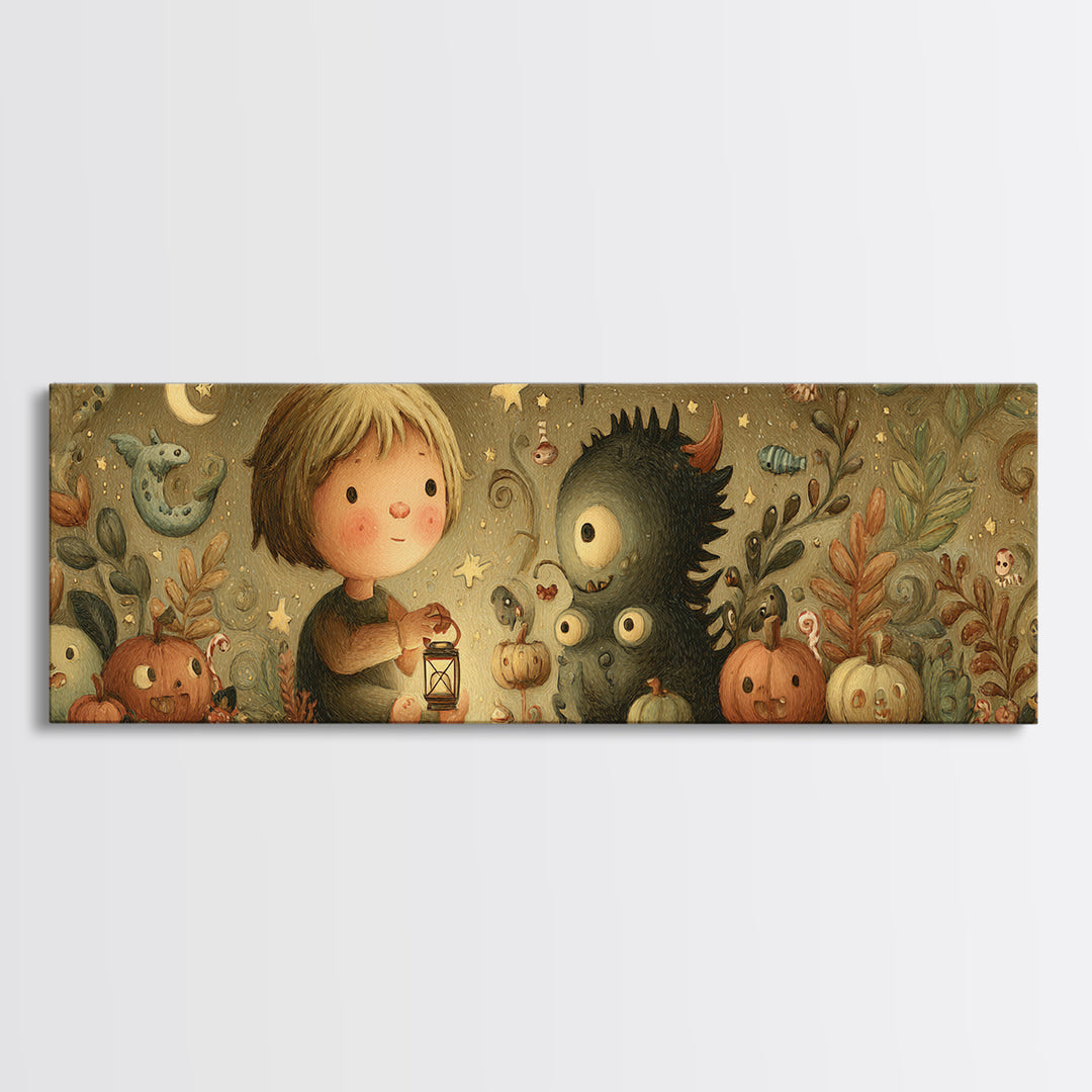 The Child Who Caught A Moon-Spawn, Plush Halloween Art, Extra Wide Wall Art, Canvas Print, Cute Halloween Wall Art