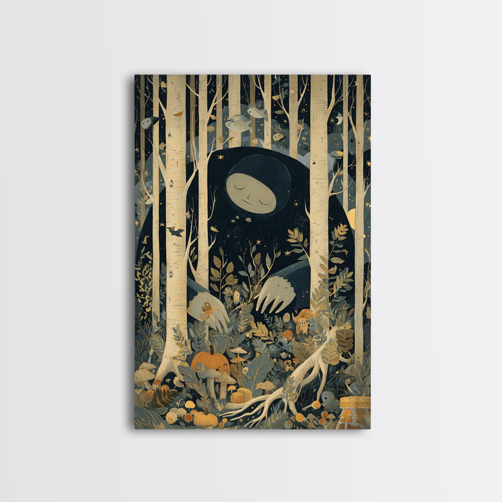 The Sleeper In The Birch Grove, Retro Halloween Art, Vertical Wall Art, Canvas Print, Cute Halloween Wall Art