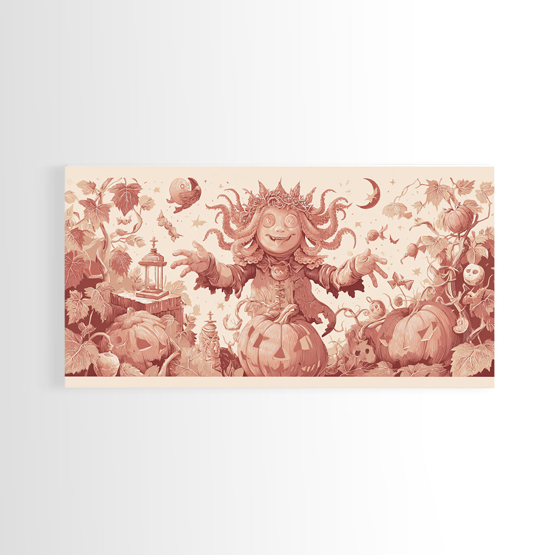 The Crown Of The Tentacled Saint, Linocut Halloween Art, Wide Panoramic Art, Framed Canvas Print, Cute Halloween Wall Art