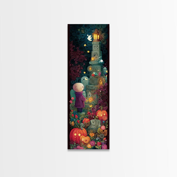 The Grave Gardener Of Yuggoth, Quilled Halloween Art, Tall Narrow Wall Art, Framed Canvas Print, Cute Halloween Wall Art