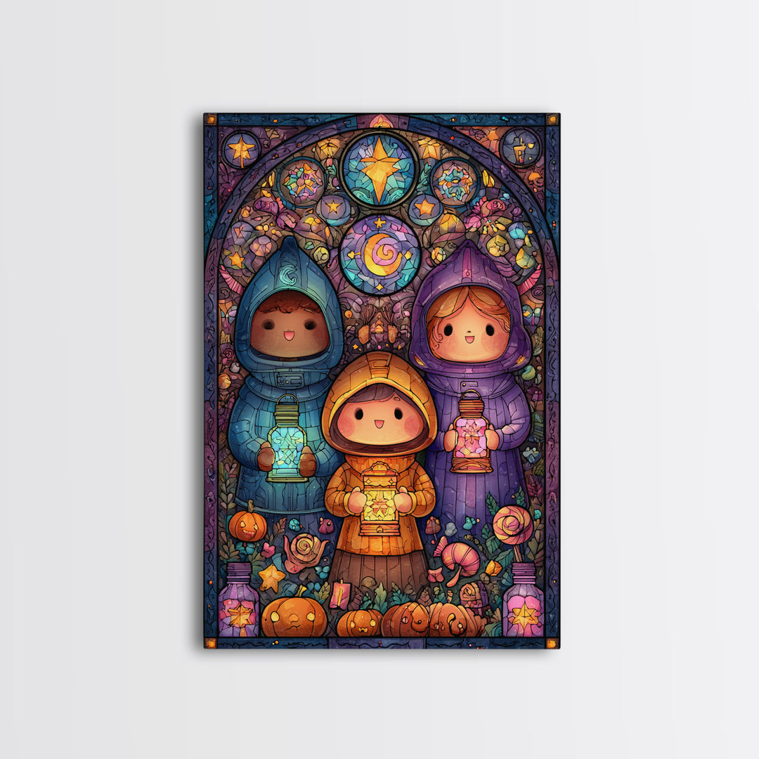 The Lantern Market Beyond The Veil, Stained Glass Halloween, Vertical Wall Art, Canvas Print, Cute Halloween Wall Art