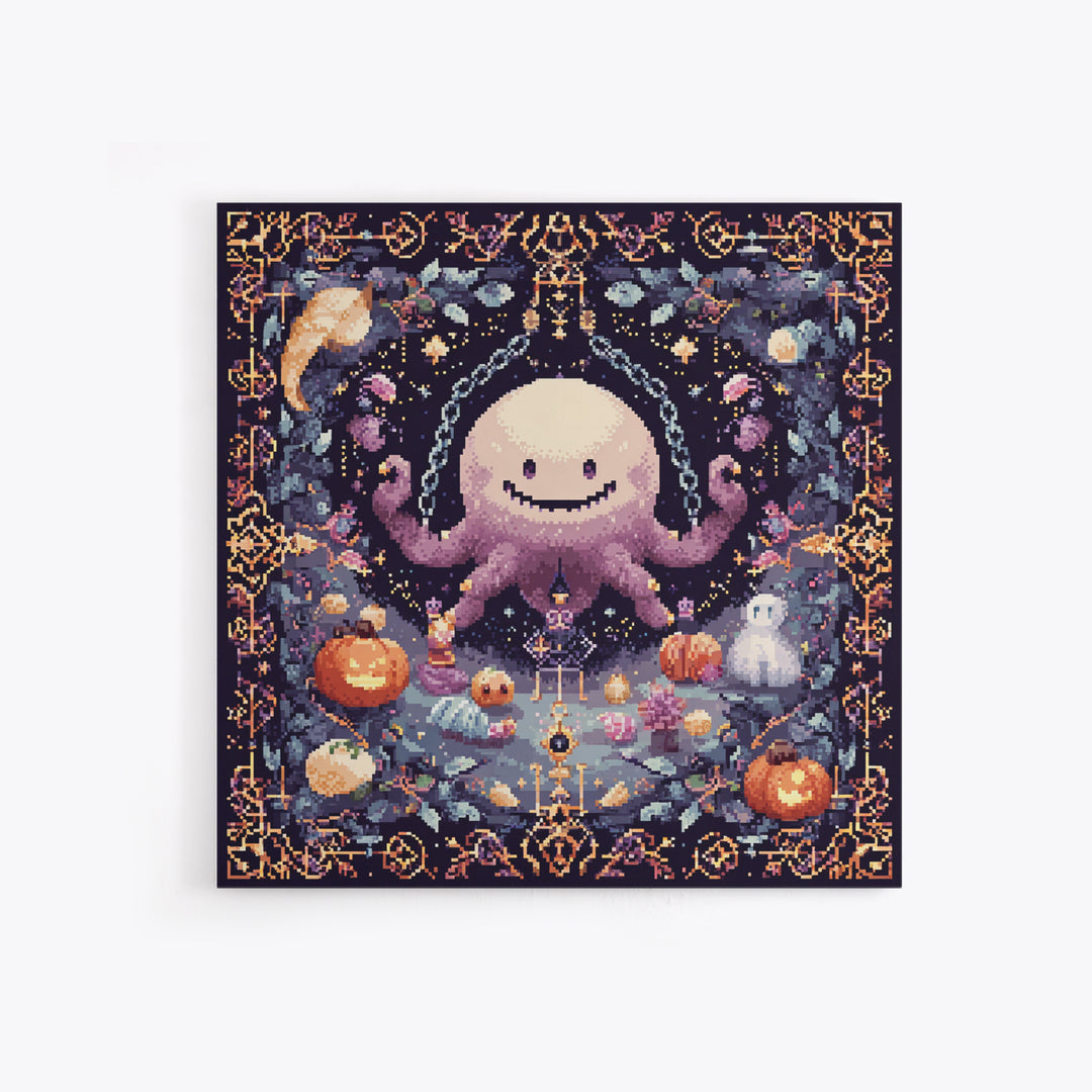 The Moonlit Shoggoth Menagerie, Pixel Halloween Art, Square Wall Art, Canvas Print, Cute Halloween Wall Art