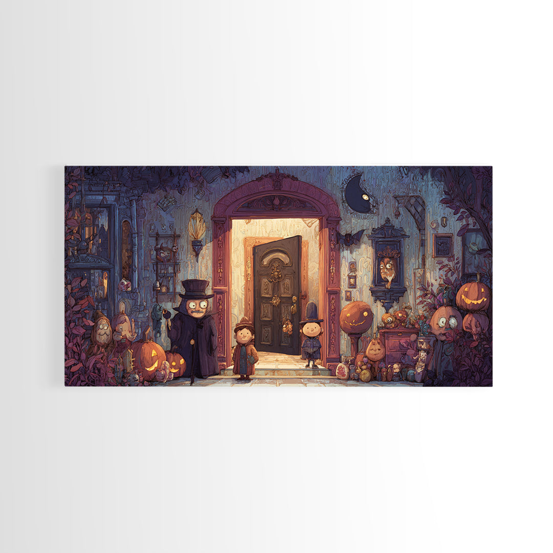 The Thirteenth Door Of Arkham House, Vector Halloween Art, Wide Panoramic Art, Framed Canvas Print, Cute Halloween Wall Art