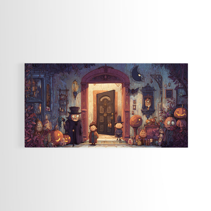 The Thirteenth Door Of Arkham House, Vector Halloween Art, Wide Panoramic Art, Framed Canvas Print, Cute Halloween Wall Art