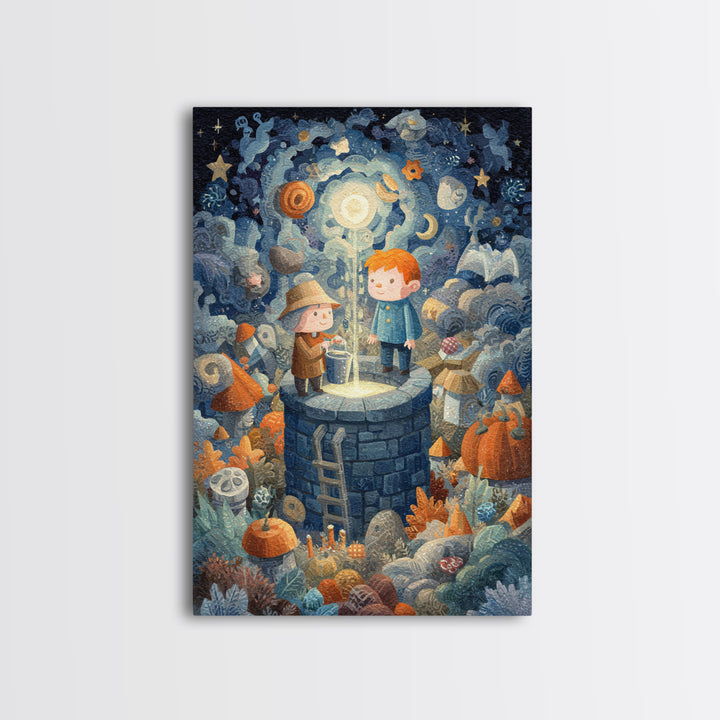 The Dreamwell Beneath Miskatonic, Gouache Halloween Art, Vertical Wall Art, Canvas Print, Cute Halloween Wall Art