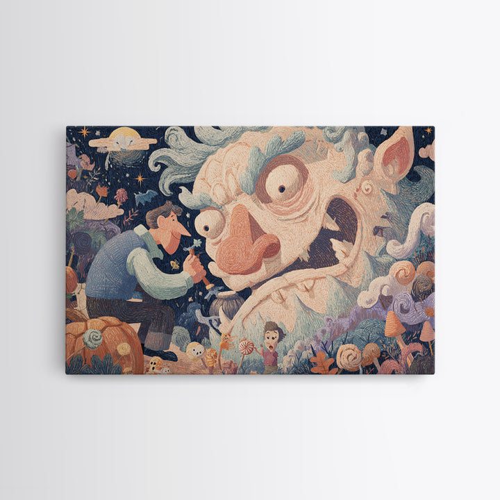 The Custodian Of The Whispering Idol, Crayon Halloween Art, Landscape Wall Art, Framed Canvas Print, Cute Halloween Wall Art