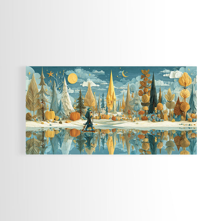 The Frost Beyond Carcosa, Paper Collage Halloween, Wide Panoramic Art, Framed Canvas Print, Cute Halloween Wall Art