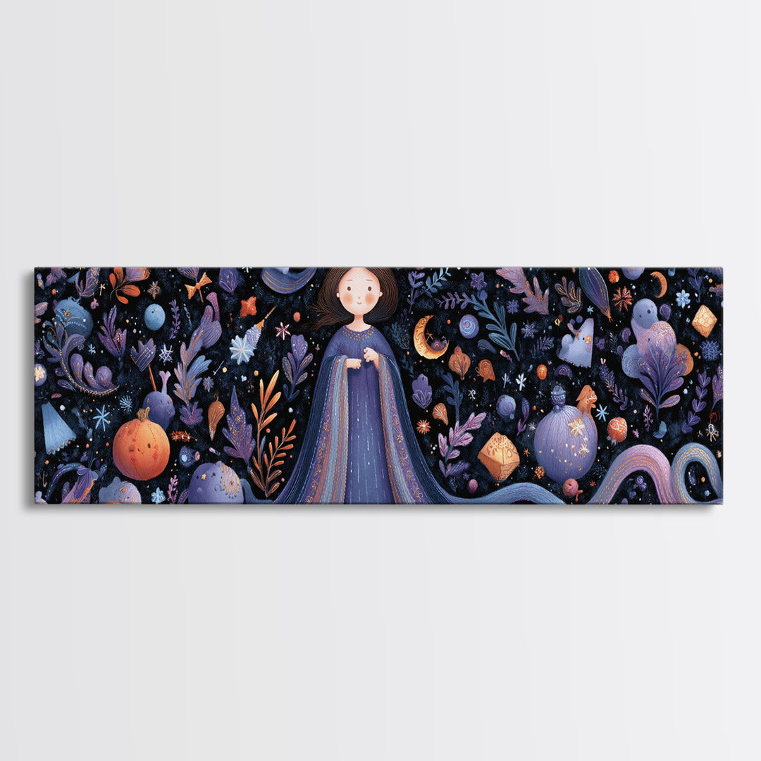 The Seamstress Of Living Nebulae, Felt Halloween Art, Extra Wide Wall Art, Canvas Print, Cute Halloween Wall Art
