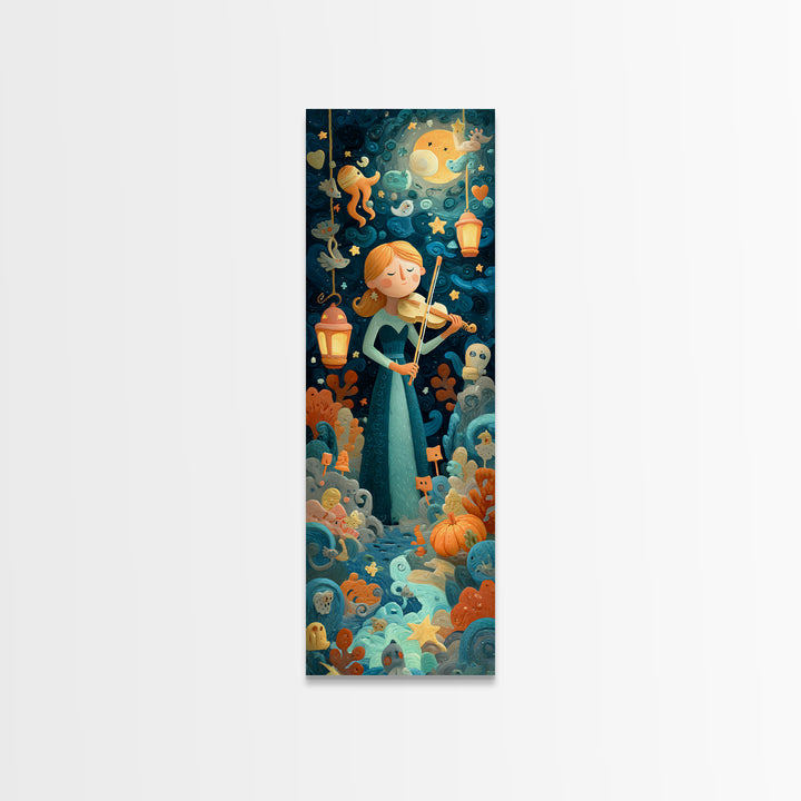 The Violinist Of The Drowned Moon, Clay Halloween Art, Tall Narrow Wall Art, Framed Canvas Print, Cute Halloween Wall Art