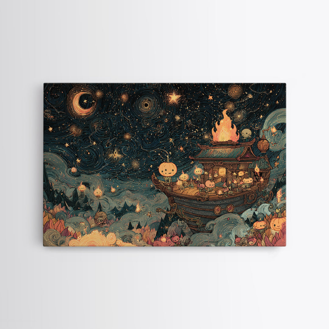 The Candelit Ark Of Forgotten Stars, Kawaii Halloween Art, Landscape Wall Art, Framed Canvas Print, Cute Halloween Wall Art