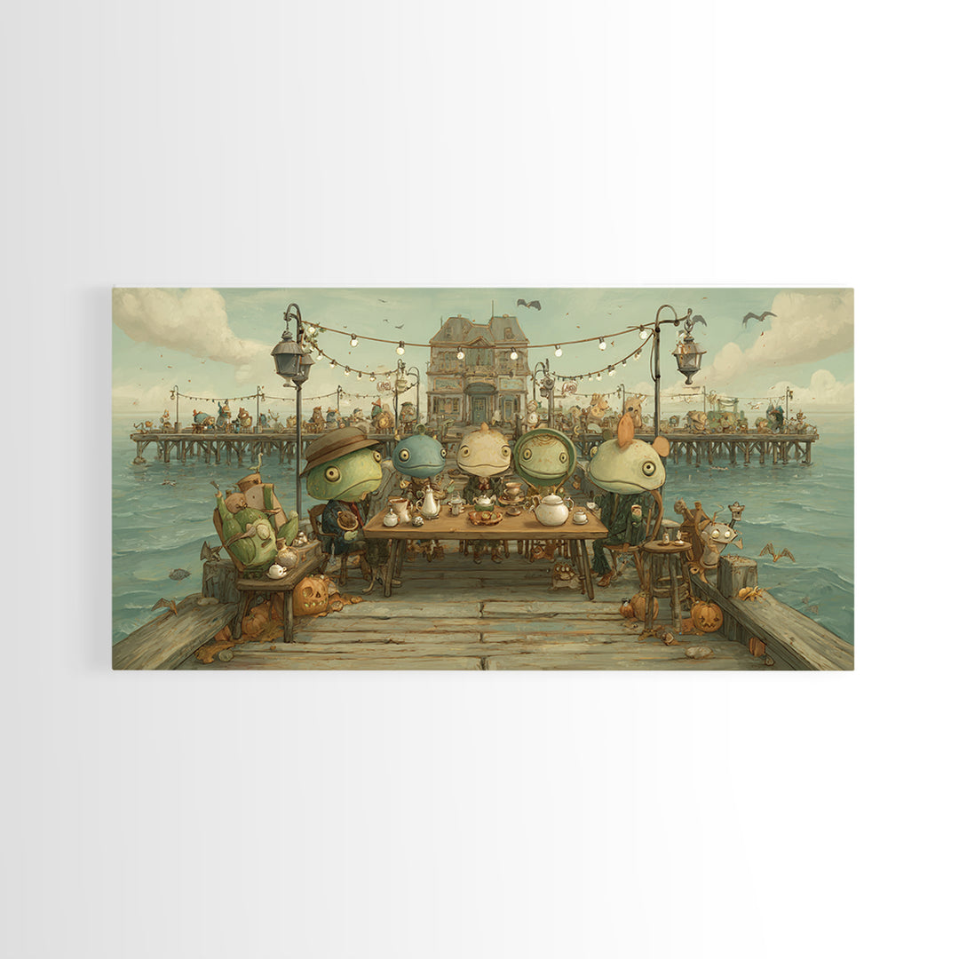 The Tea Party At Innsmouth Pier, Screenprint Halloween Art, Wide Panoramic Art, Framed Canvas Print, Cute Halloween Wall Art