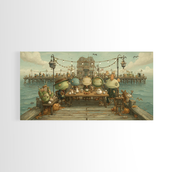 The Tea Party At Innsmouth Pier, Screenprint Halloween Art, Wide Panoramic Art, Framed Canvas Print, Cute Halloween Wall Art