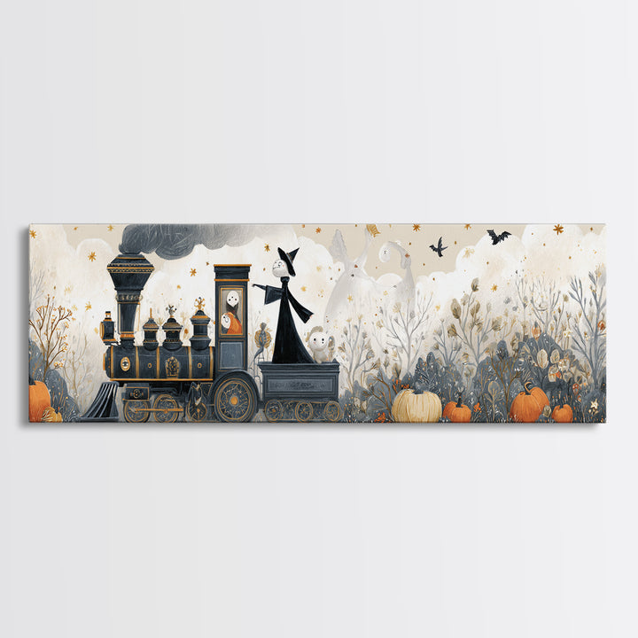 The Phantom Train To Kadath, Folk Halloween Art, Extra Wide Wall Art, Canvas Print, Cute Halloween Wall Art
