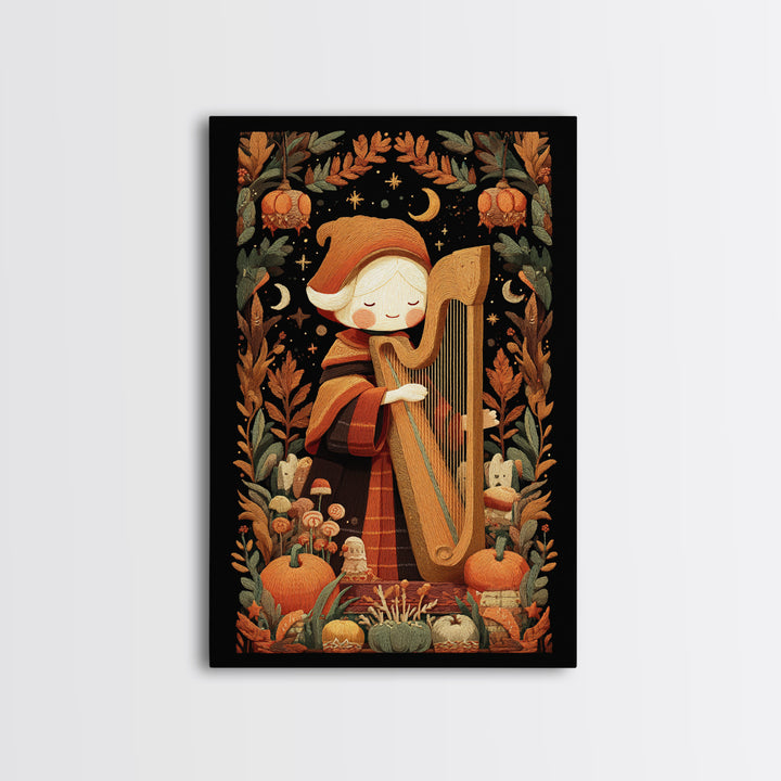 The Harpist Of Abyssal Sleep, Embroidered Halloween Art, Vertical Wall Art, Canvas Print, Cute Halloween Wall Art
