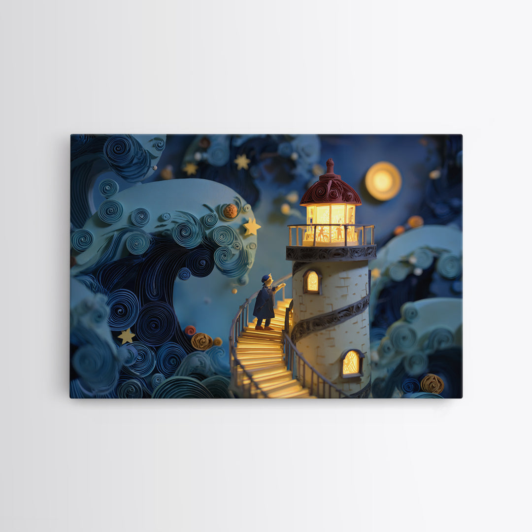 The Last Lighthouse Of Y’Ha-Nthlei, Quilled Halloween Art, Landscape Wall Art, Framed Canvas Print, Cute Halloween Wall Art