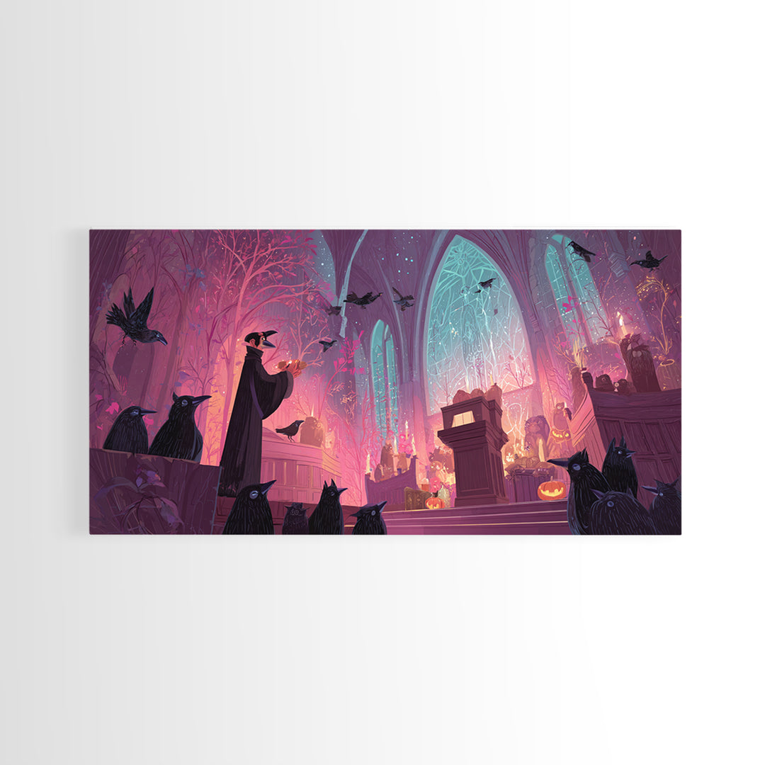 The Raven Sermon Of Leng, Vaporwave Halloween Art, Wide Panoramic Art, Framed Canvas Print, Cute Halloween Wall Art