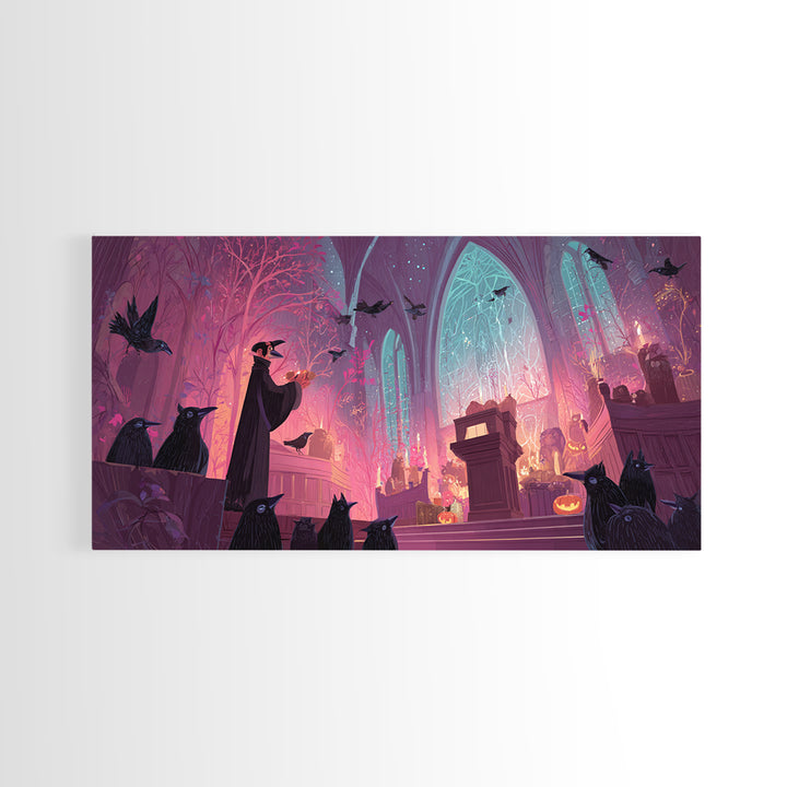 The Raven Sermon Of Leng, Vaporwave Halloween Art, Wide Panoramic Art, Framed Canvas Print, Cute Halloween Wall Art