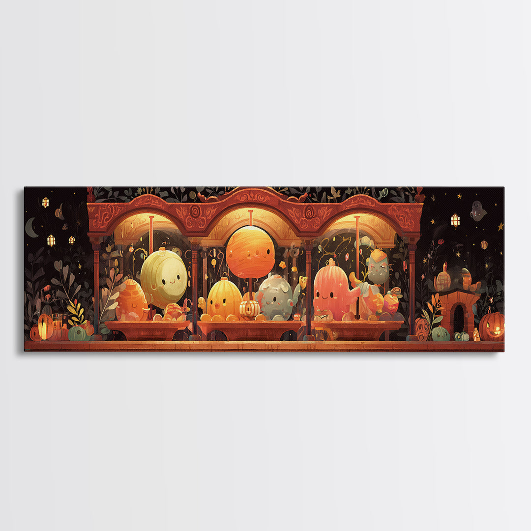 The Carousel Of Sleeping Planets, Pixel Halloween Art, Extra Wide Wall Art, Canvas Print, Cute Halloween Wall Art