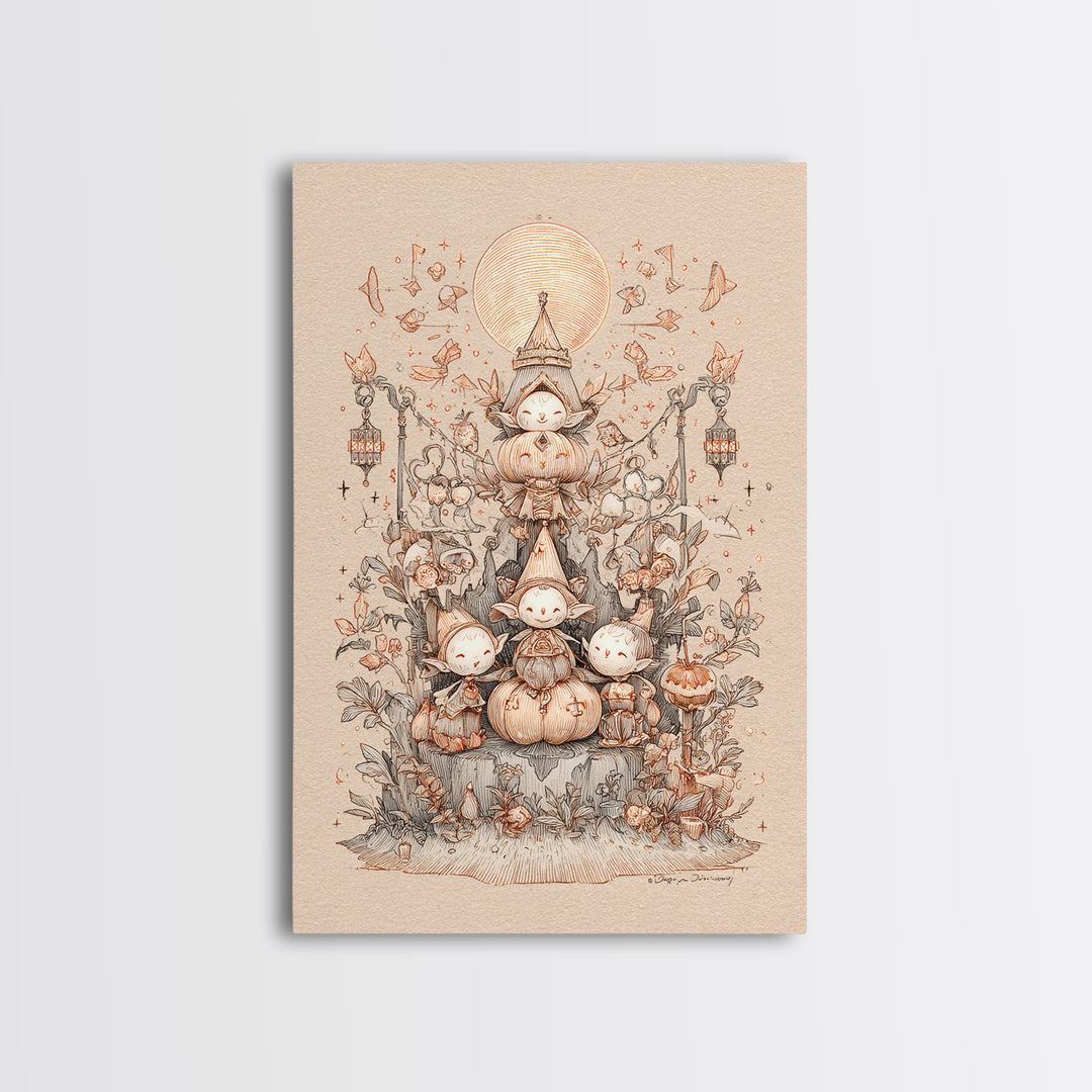The Festival Of The Little Old Ones, Hand Sketch Halloween Art, Vertical Wall Art, Canvas Print, Cute Halloween Wall Art