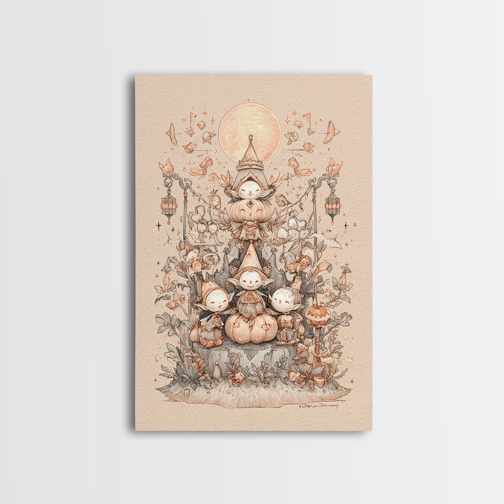 The Festival Of The Little Old Ones, Hand Sketch Halloween Art, Vertical Wall Art, Canvas Print, Cute Halloween Wall Art