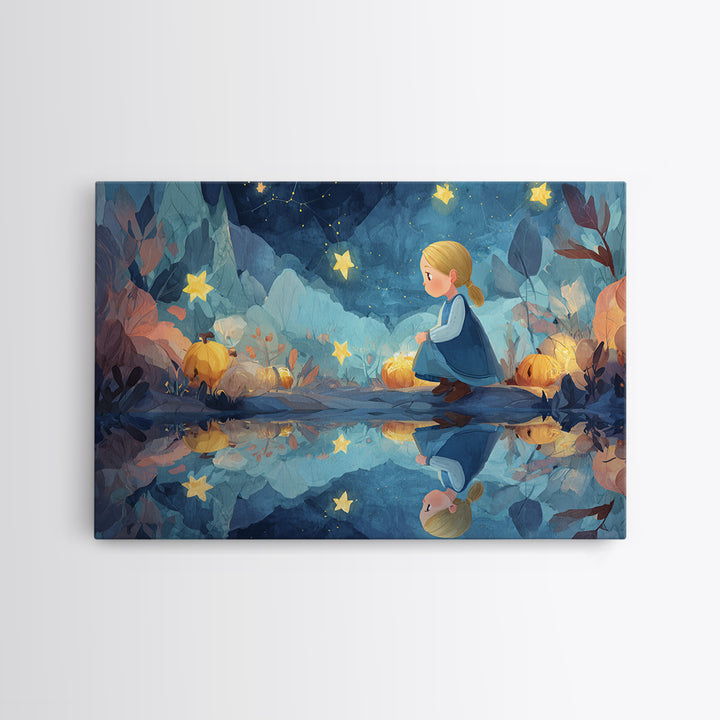 The Mirror Lake Of Lost Constellations, Watercolor Halloween Art, Landscape Wall Art, Framed Canvas Print, Cute Halloween Wall Art