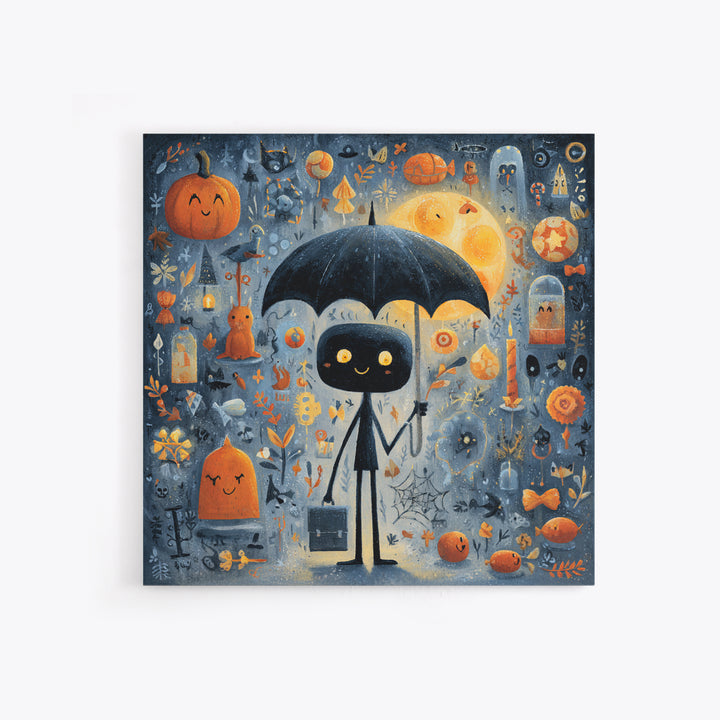 The Umbrella Of The Outer Rain, Gouache Halloween Art, Square Wall Art, Canvas Print, Cute Halloween Wall Art