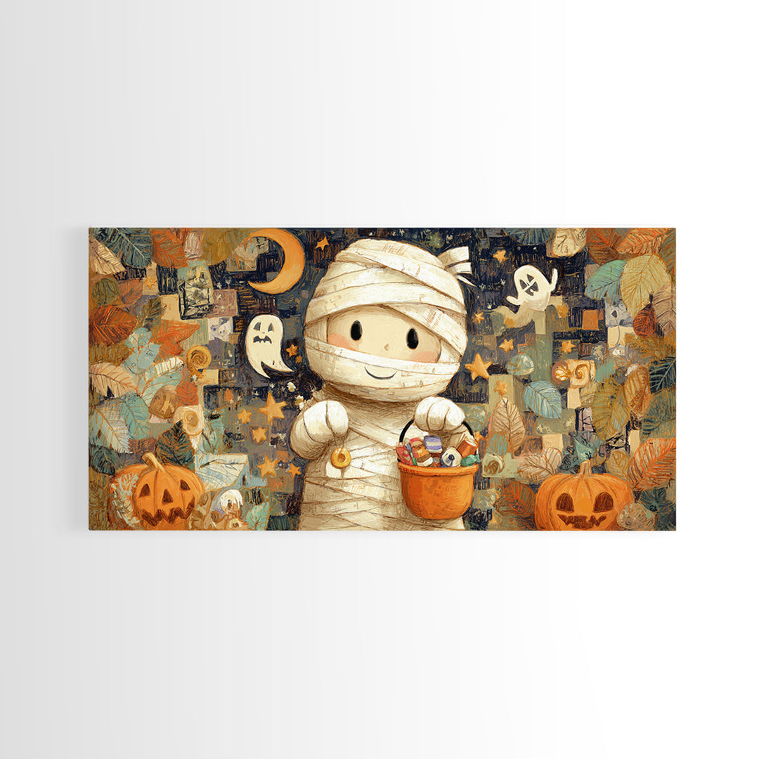 The Shy Little Mummy, Crayon Halloween Art, Wide Panoramic Art, Framed Canvas Print, Cute Halloween Wall Art