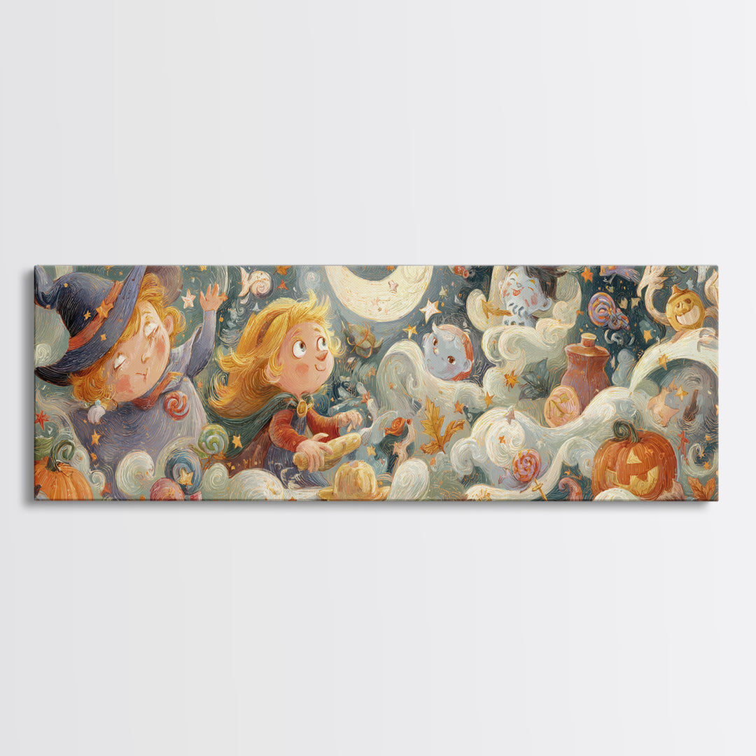 The Cookie Spellcaster, Pastel Halloween Art, Extra Wide Wall Art, Canvas Print, Cute Halloween Wall Art