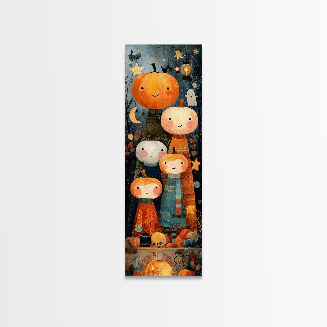 The Pumpkin Family Portrait, Paper Collage Halloween, Tall Narrow Wall Art, Framed Canvas Print, Cute Halloween Wall Art