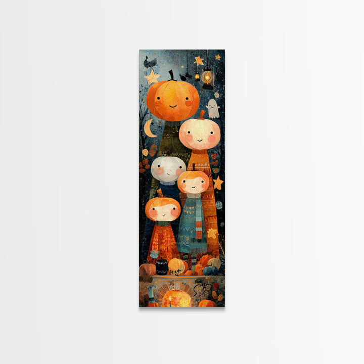 The Pumpkin Family Portrait, Paper Collage Halloween, Tall Narrow Wall Art, Framed Canvas Print, Cute Halloween Wall Art