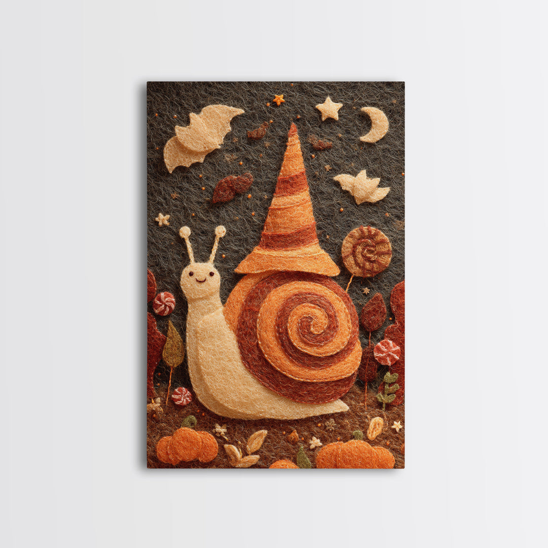 The Cinnamon-Roll Snail Witch, Felt Halloween Art, Vertical Wall Art, Canvas Print, Cute Halloween Wall Art