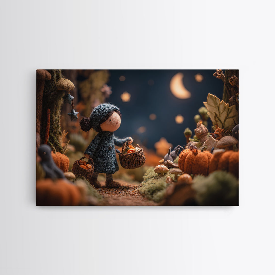 The Moonlit Scavenger Hunt, Clay Halloween Art, Landscape Wall Art, Framed Canvas Print, Cute Halloween Wall Art