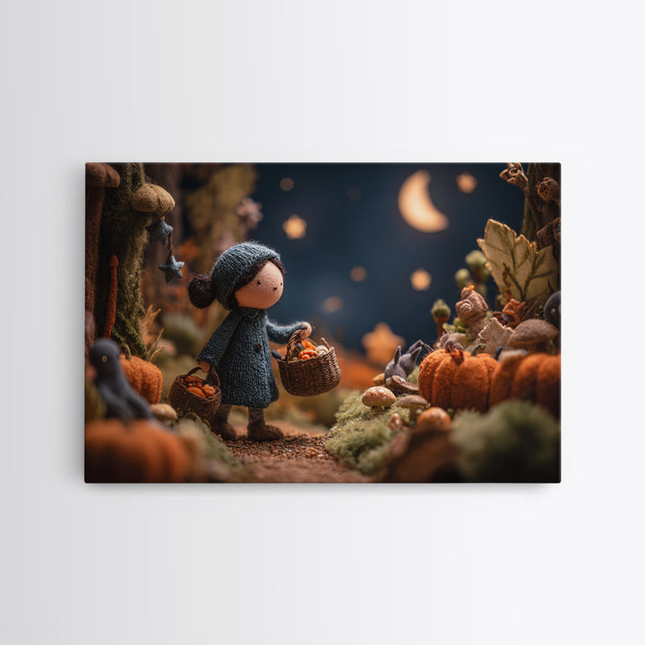 The Moonlit Scavenger Hunt, Clay Halloween Art, Landscape Wall Art, Framed Canvas Print, Cute Halloween Wall Art