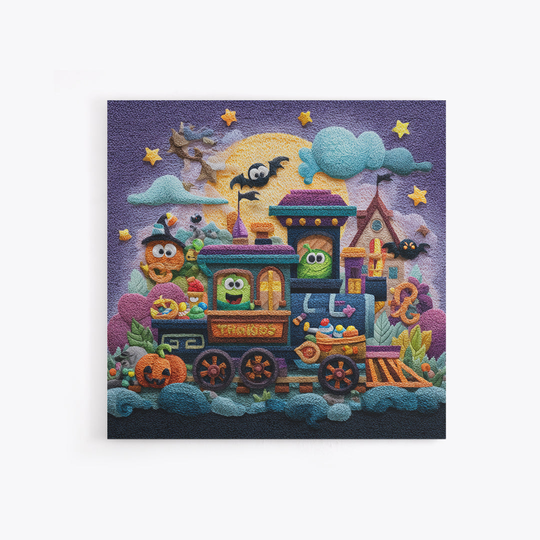 The Trick-Or-Treat Express, Plush Halloween Art, Square Wall Art, Canvas Print, Cute Halloween Wall Art