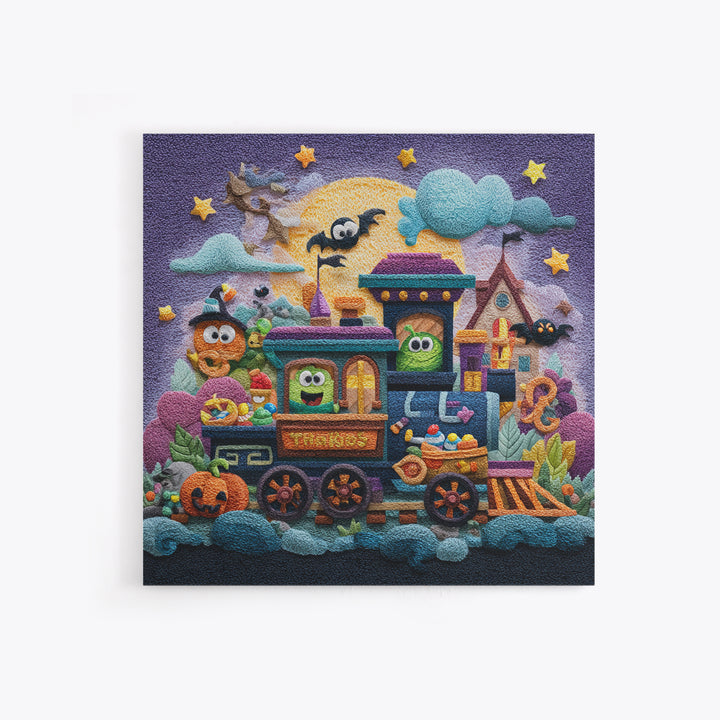 The Trick-Or-Treat Express, Plush Halloween Art, Square Wall Art, Canvas Print, Cute Halloween Wall Art